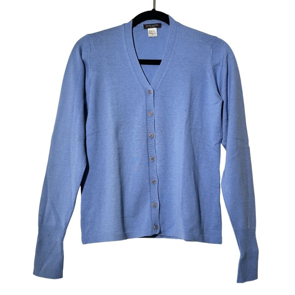 Henri Bendel Classic Womens Blue Merino Wool Button Front Cardigan Size S